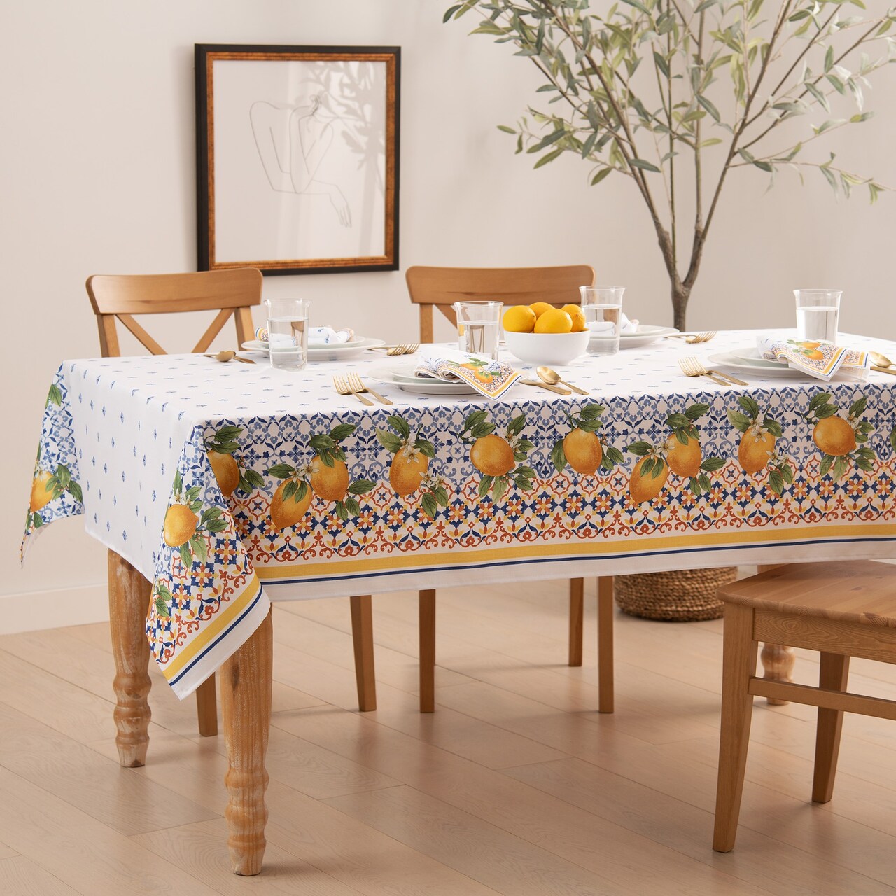 Threadmade Home Capri Lemon Double Border Tablecloth, Multicolor - 60"W x 102"L
